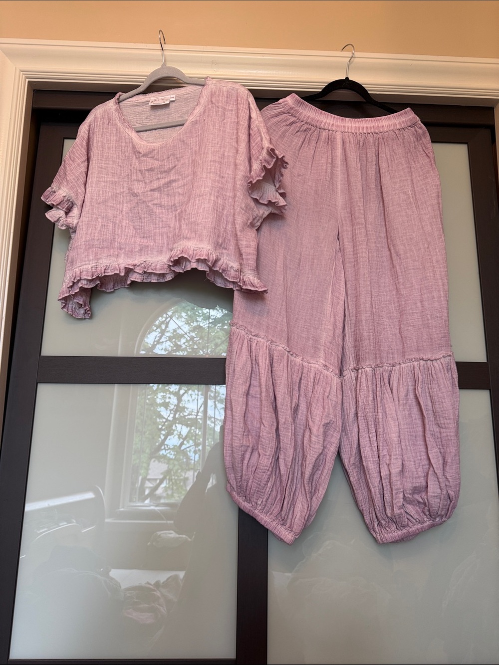 Dusty Lilac Balloon Tiered Wide Leg Pants and Matching Cropped Short Sleeved Top